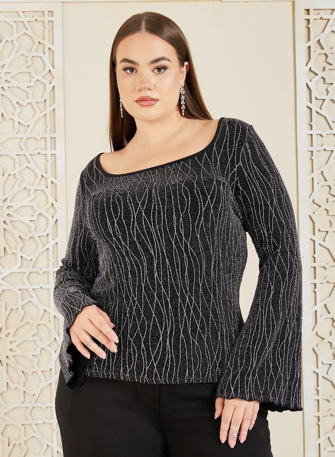 Styli Plus Embellished Abstract Textured Bell Sleeve Fitted Knit Top - Image 1